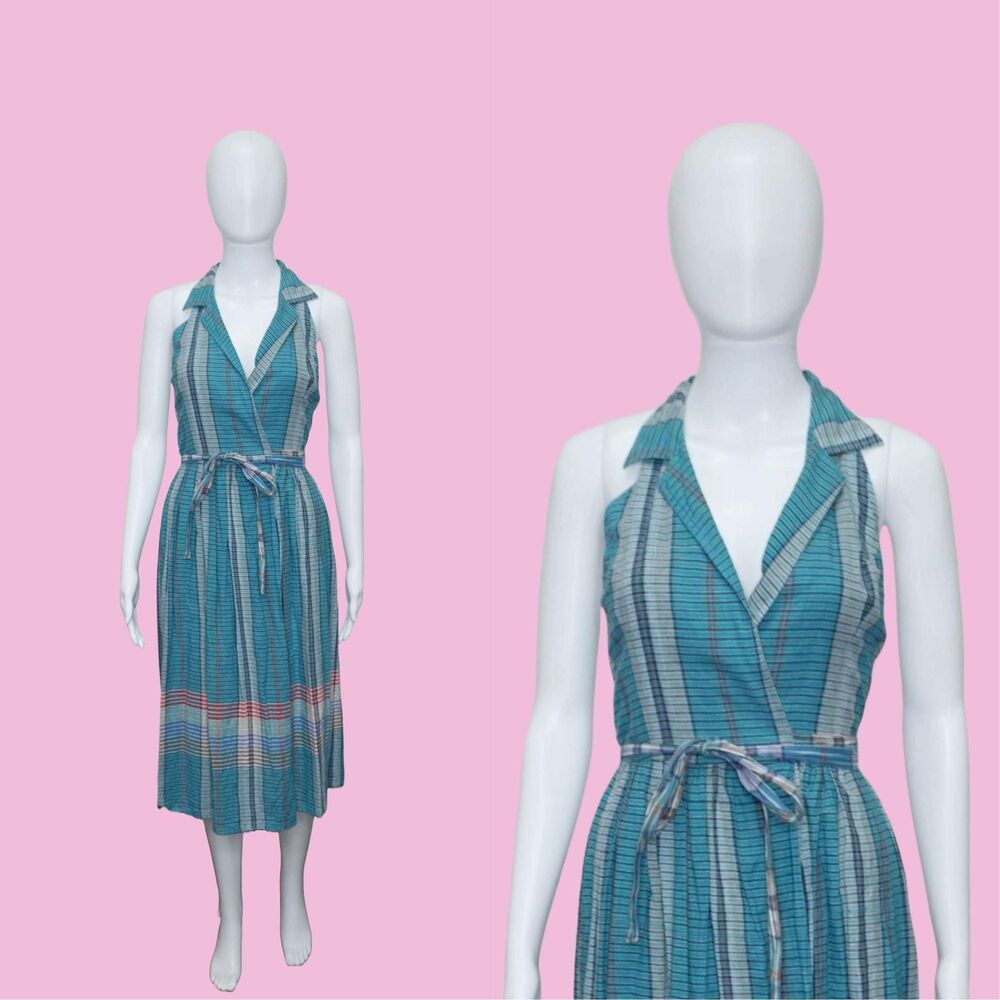 1970s-1980s MS.CHAUS Plaid Halter Collared Adjustable WRAP Dress W/Pockets. XS